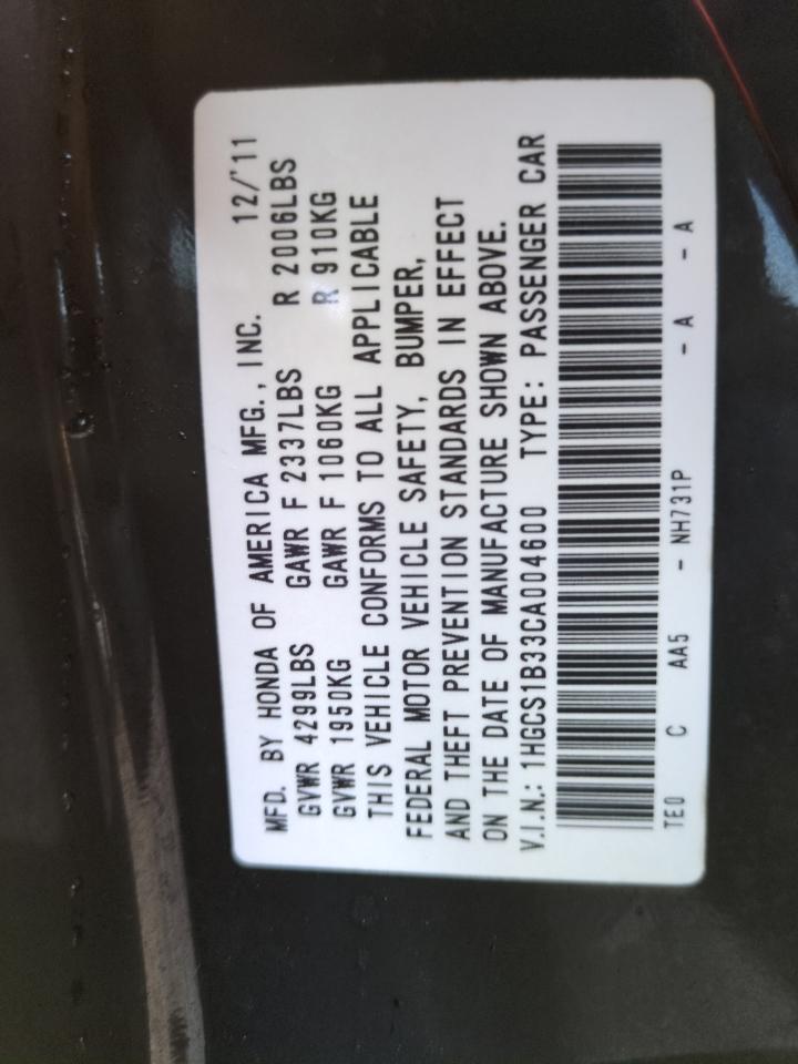2012 Honda Accord VIN 1HGCS1B33CA004600 Copart auction photo, water/flood damage thumbnail 13