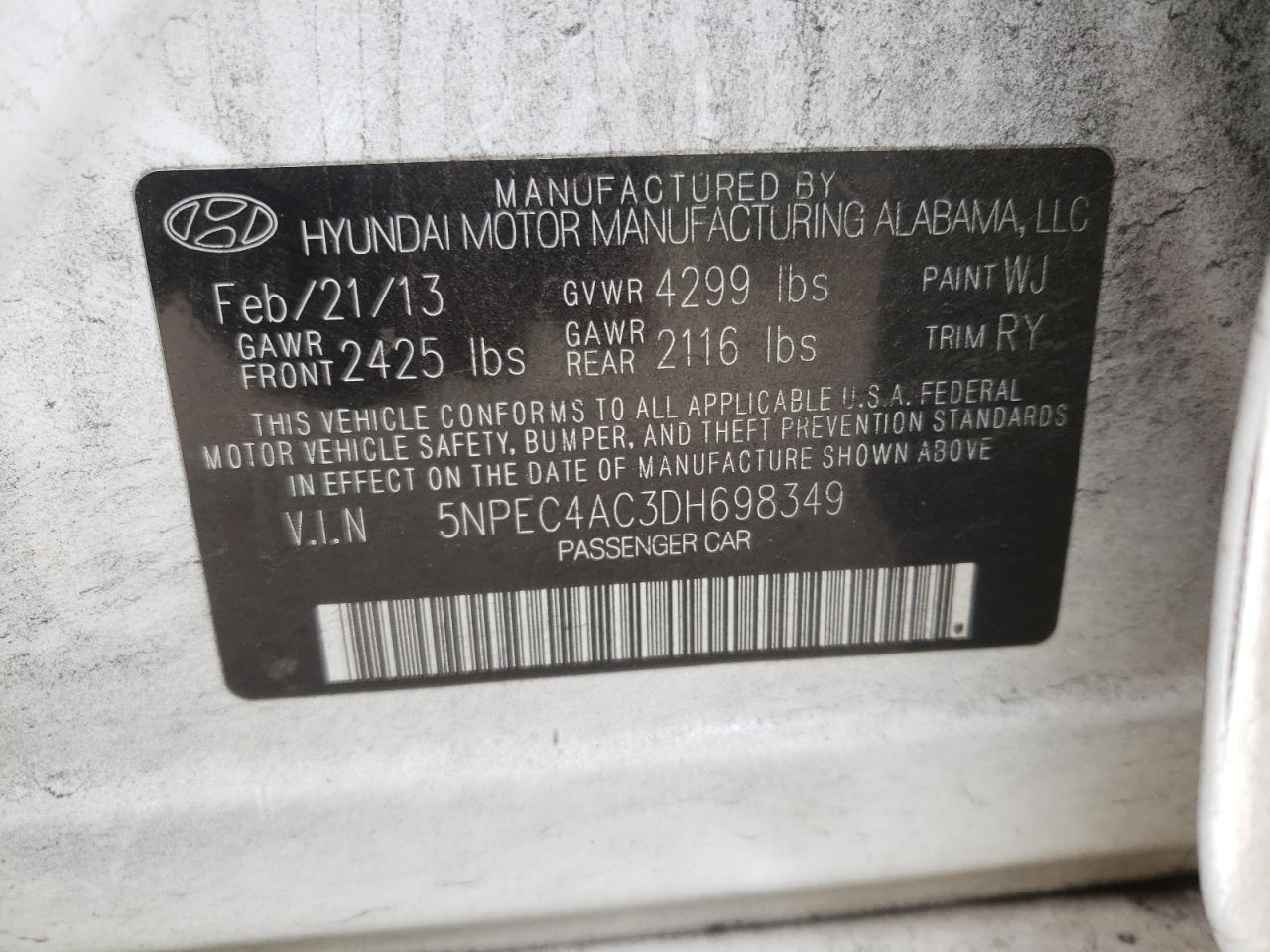 2013 Hyundai Sonata VIN 5NPEC4AC3DH698349 Copart auction photo, front end damage thumbnail 14