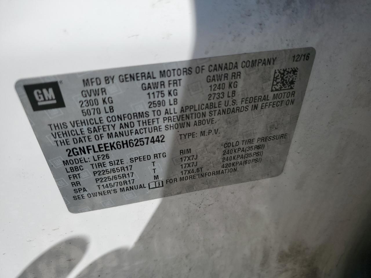 2017 Chevrolet Equinox VIN 2GNFLEEK6H6257442 Copart auction photo, side damage thumbnail 13