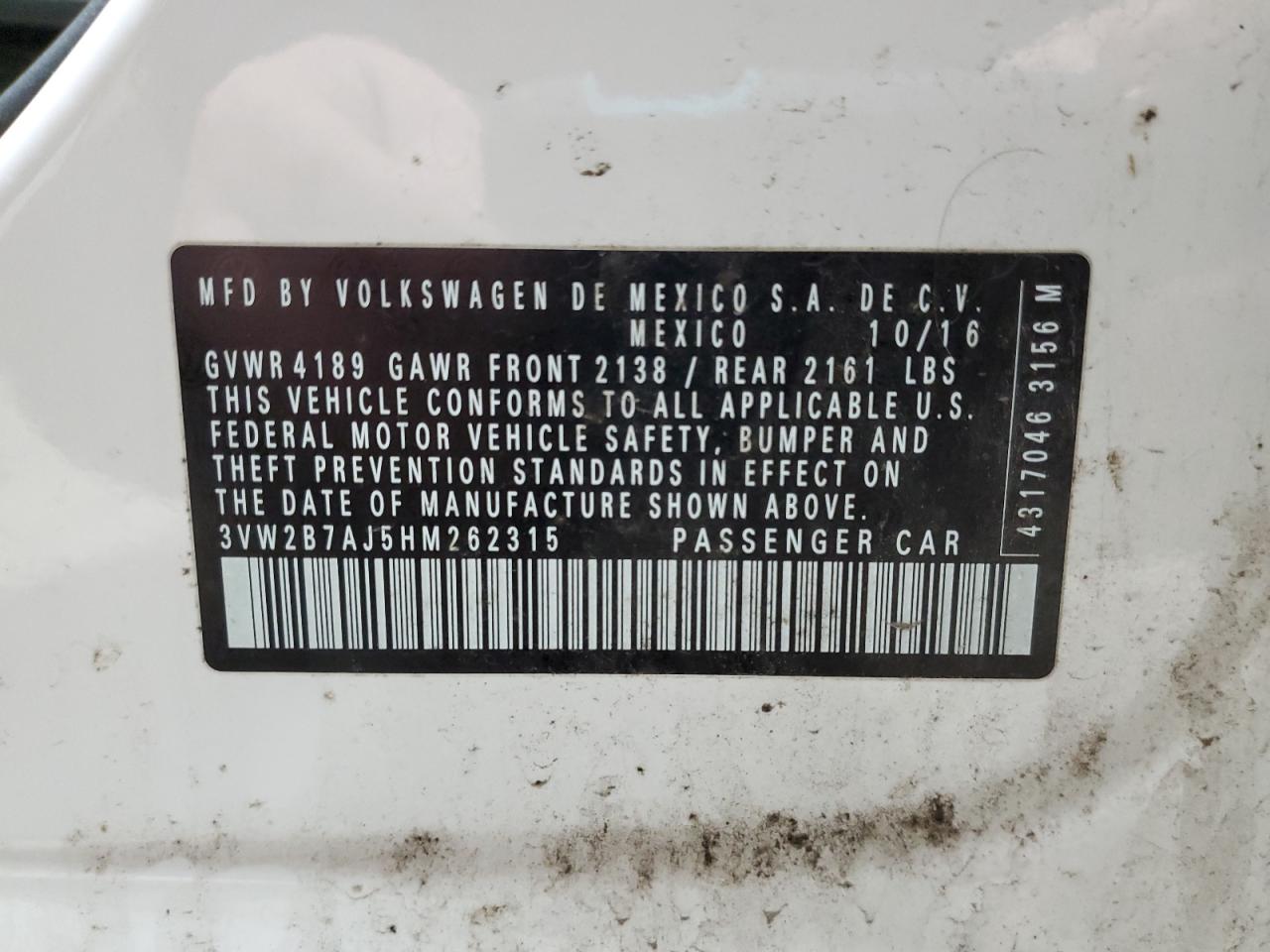 2017 Volkswagen Jetta VIN 3VW2B7AJ5HM262315 Copart auction photo, front end damage thumbnail 12
