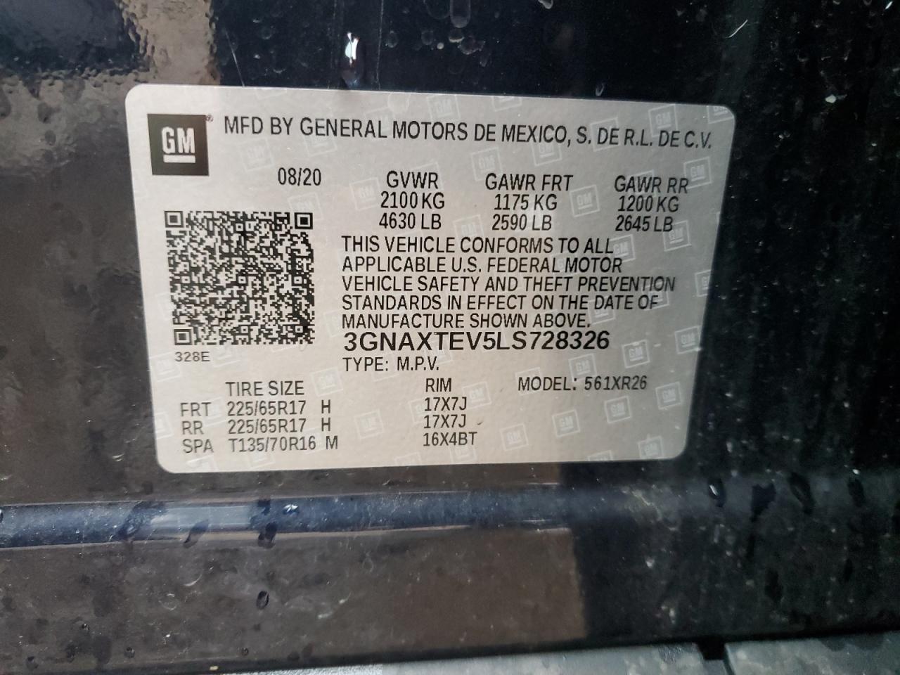 2020 Chevrolet Equinox VIN 3GNAXTEV5LS728326 Copart auction photo, front end / minor dent/scratches damage thumbnail 16