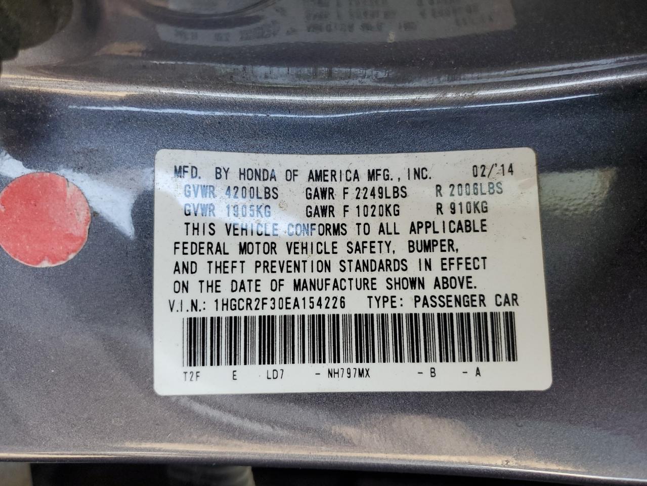 2014 Honda Accord VIN 1HGCR2F30EA154226 Copart auction photo, rear end damage thumbnail 12