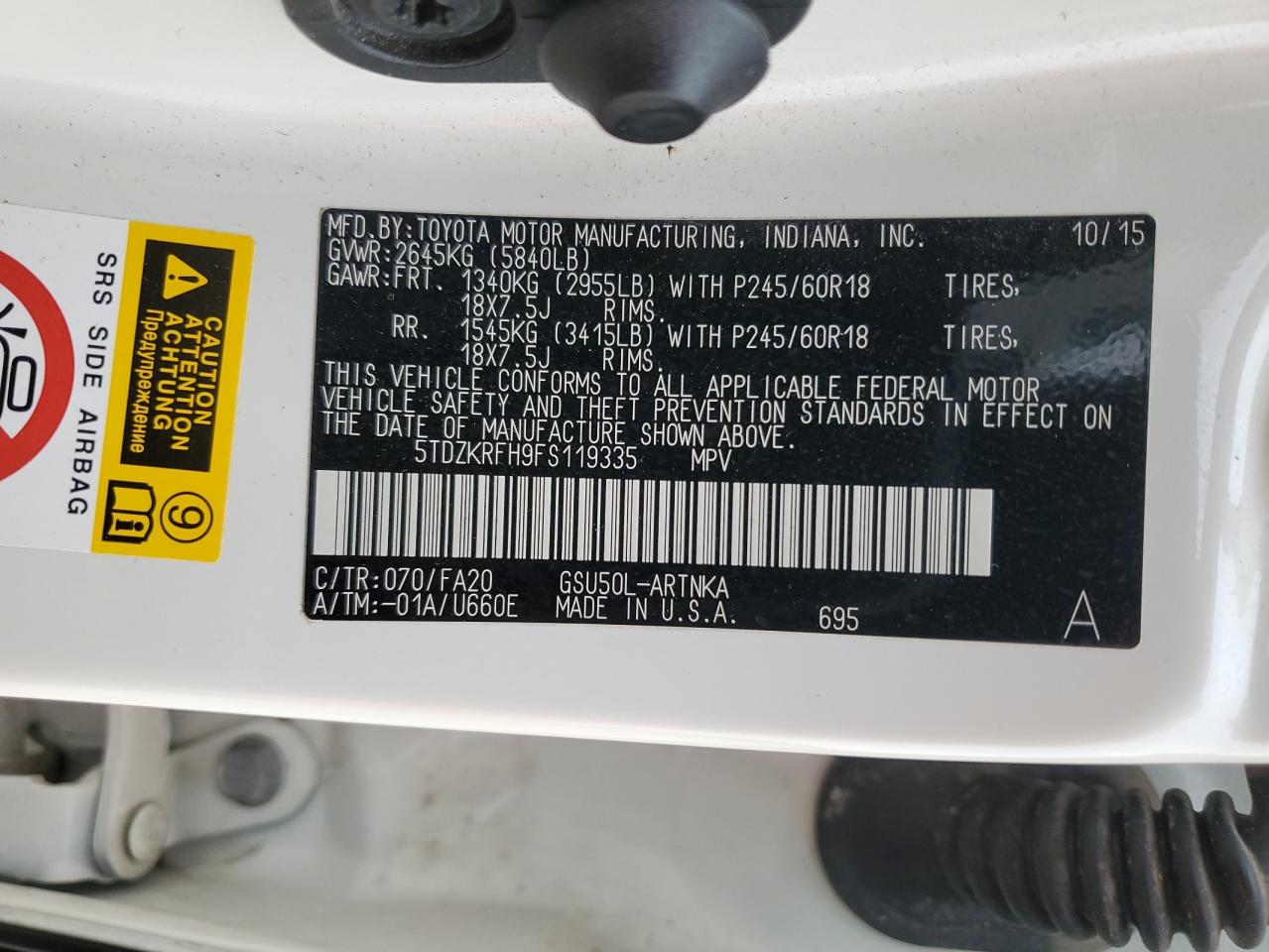 2015 Toyota Highlander VIN 5TDZKRFH9FS119335 Copart auction photo, front end / all over damage thumbnail 13