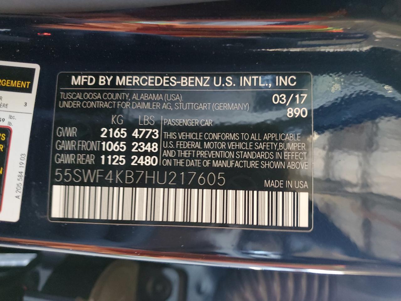 2017 Mercedes-Benz C-klasse VIN 55SWF4KB7HU217605 Copart auction photo, rear end damage thumbnail 12