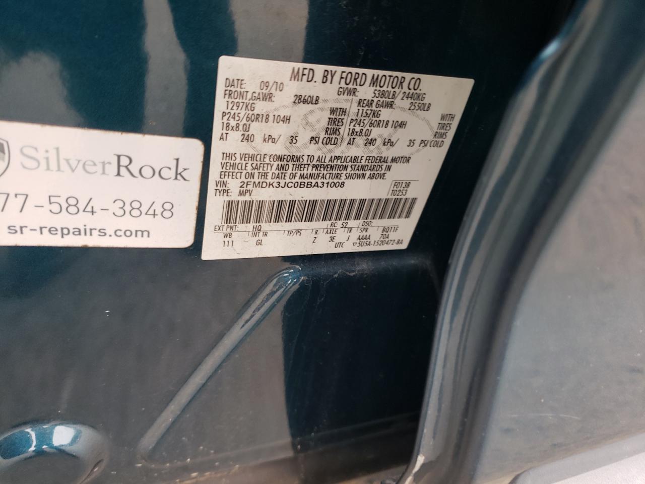 2011 Ford Edge VIN 2FMDK3JC0BBA31008 Copart auction photo, front end damage thumbnail 13