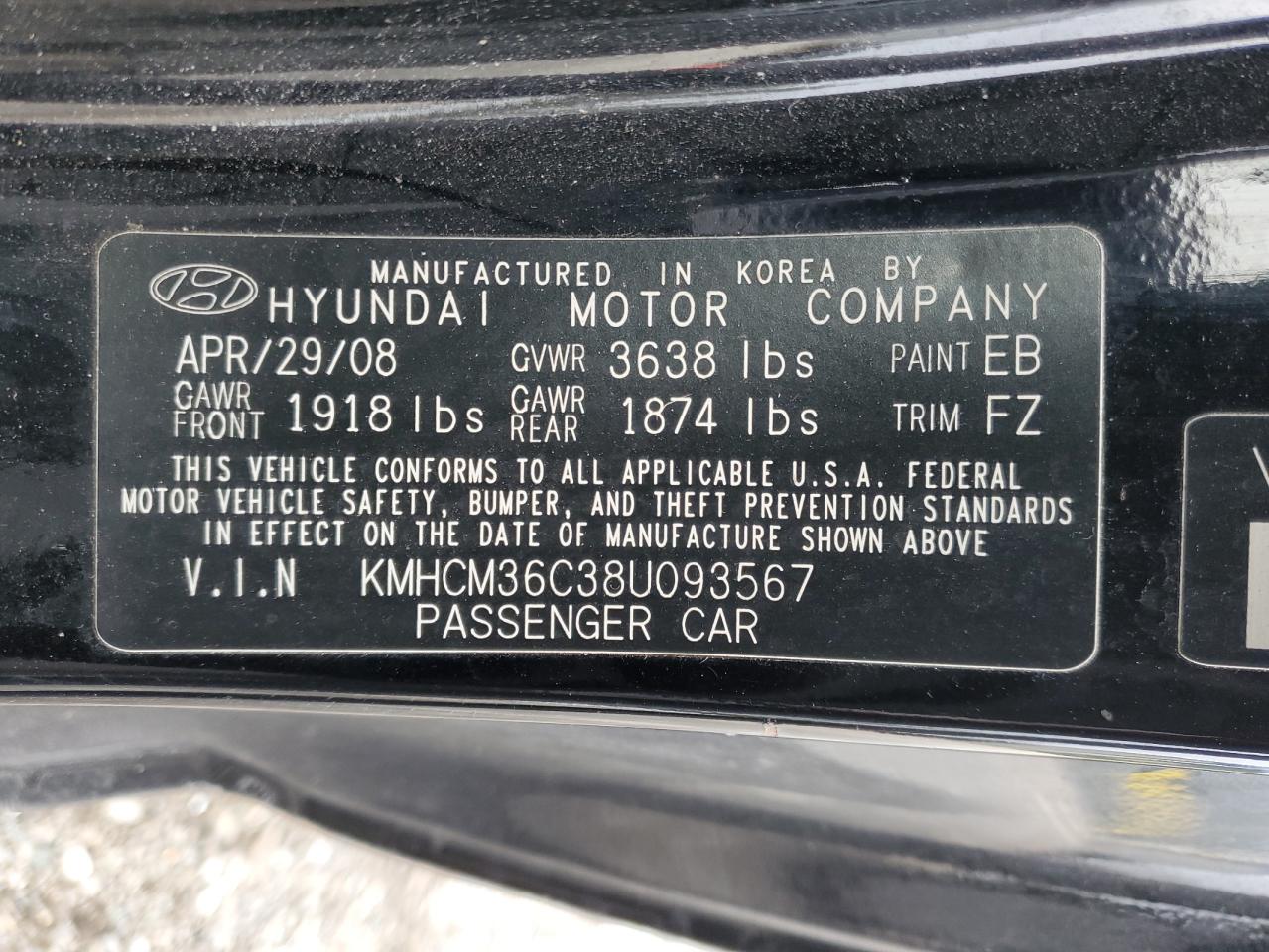 2008 Hyundai Accent VIN KMHCM36C38U093567 Copart auction photo, rear end / minor dent/scratches damage thumbnail 12