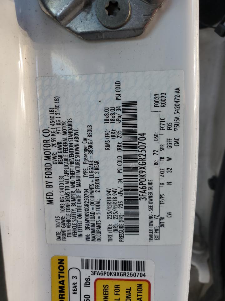 2016 Ford Fusion VIN 3FA6P0K9XGR250704 Copart auction photo, front end / rear end damage thumbnail 13
