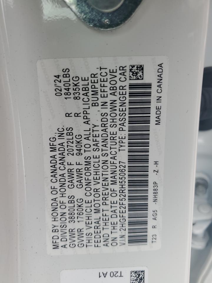 2024 Honda Civic VIN 2HGFE2F52RH550627 Copart auction photo, front end damage thumbnail 13