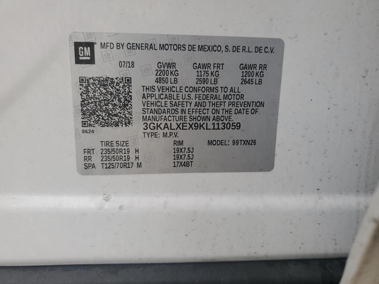 2019 GMC Terrain VIN 3GKALXEX9KL113059 Copart auction photo, rear end / minor dent/scratches damage thumbnail 15