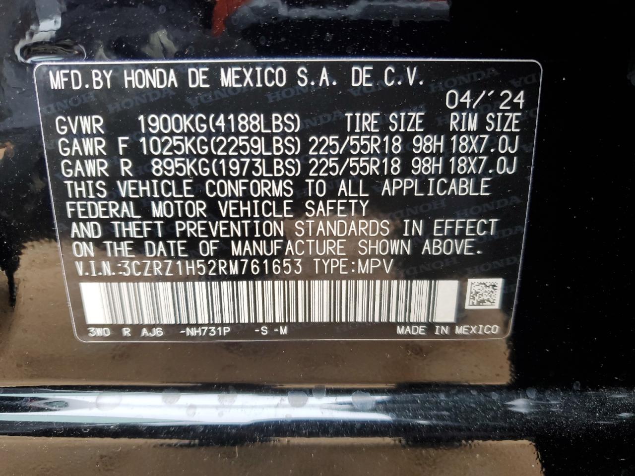 2024 Honda HR-V VIN 3CZRZ1H52RM761653 Copart auction photo, all over damage thumbnail 16