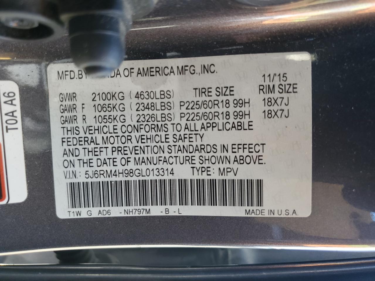 2016 Honda CR-V VIN 5J6RM4H98GL013314 Copart auction photo, front end damage thumbnail 13