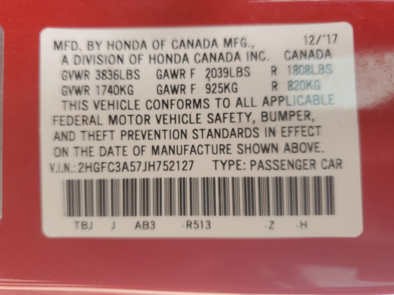 2018 Honda Civic VIN 2HGFC3A57JH752127 Copart auction photo, all over damage thumbnail 13