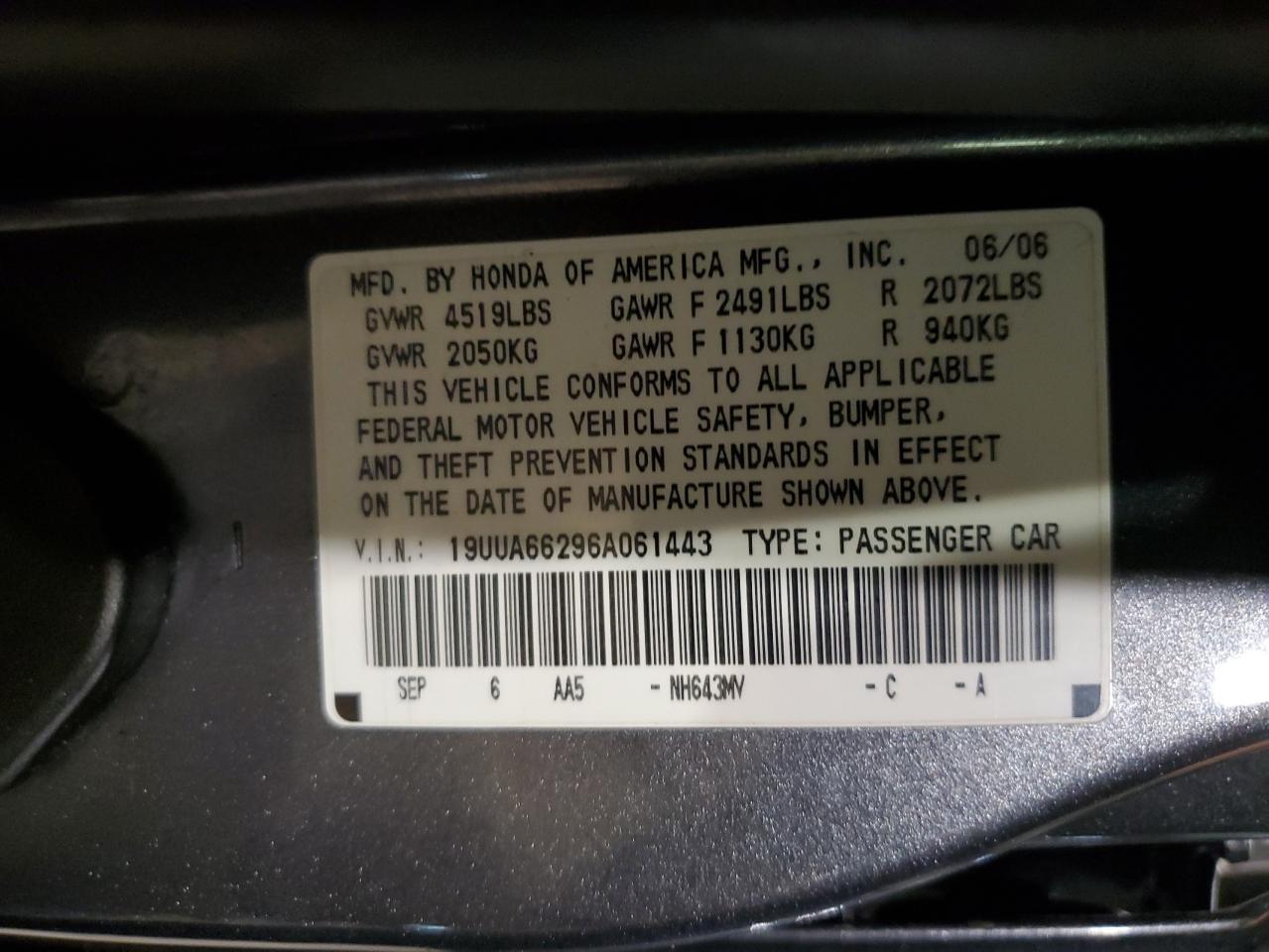 2006 Acura TL VIN 19UUA66296A061443 Copart auction photo, front end / minor dent/scratches damage thumbnail 14