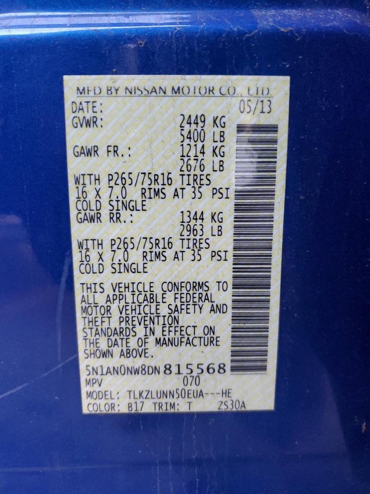 2013 Nissan XTerra VIN 5N1AN0NW8DN815568 Copart auction photo, rear end damage thumbnail 13