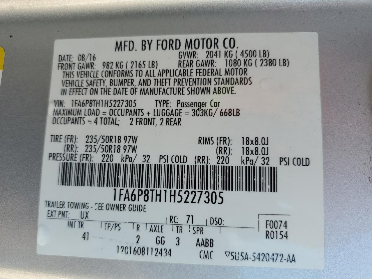 2017 Ford Mustang VIN 1FA6P8TH1H5227305 Copart auction photo, front end damage thumbnail 12