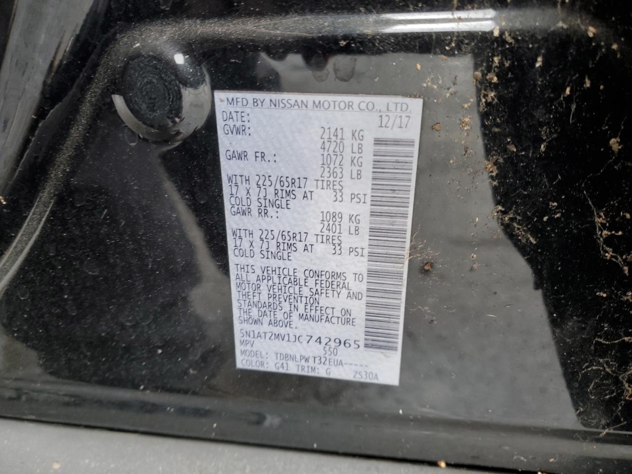 2018 Nissan Rogue VIN 5N1AT2MV1JC742965 Copart auction photo, front end / side damage thumbnail 13