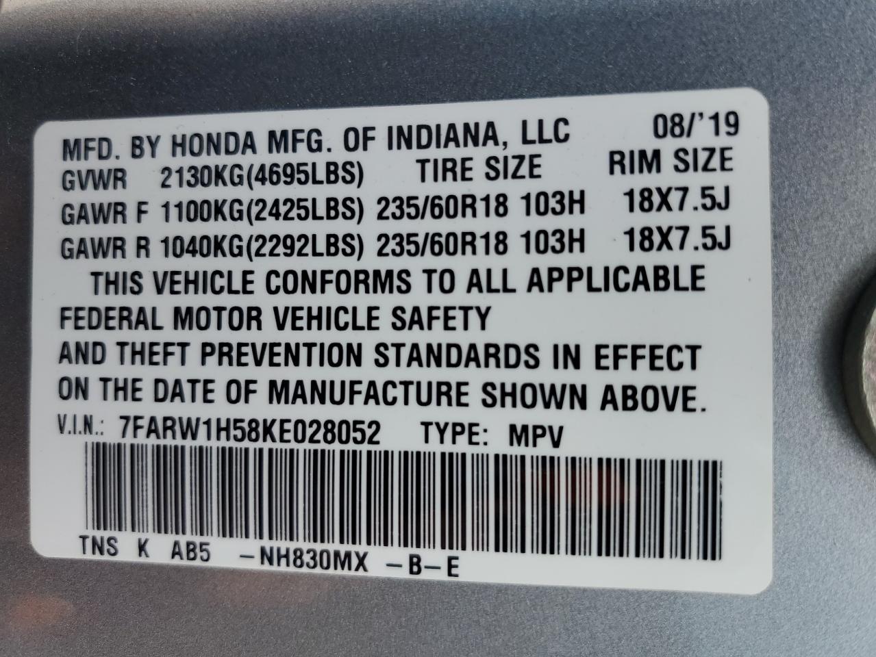 2019 Honda CR-V VIN 7FARW1H58KE028052 Copart auction photo, front end damage thumbnail 14
