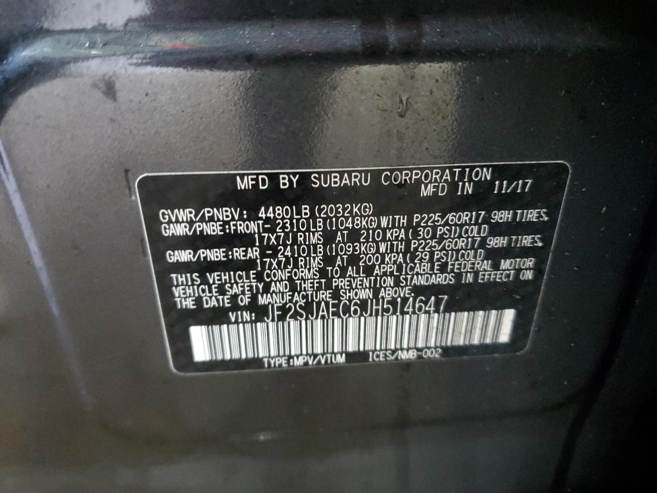 2018 Subaru Forester VIN JF2SJAEC6JH514647 Copart auction photo, mechanical / front end damage thumbnail 14