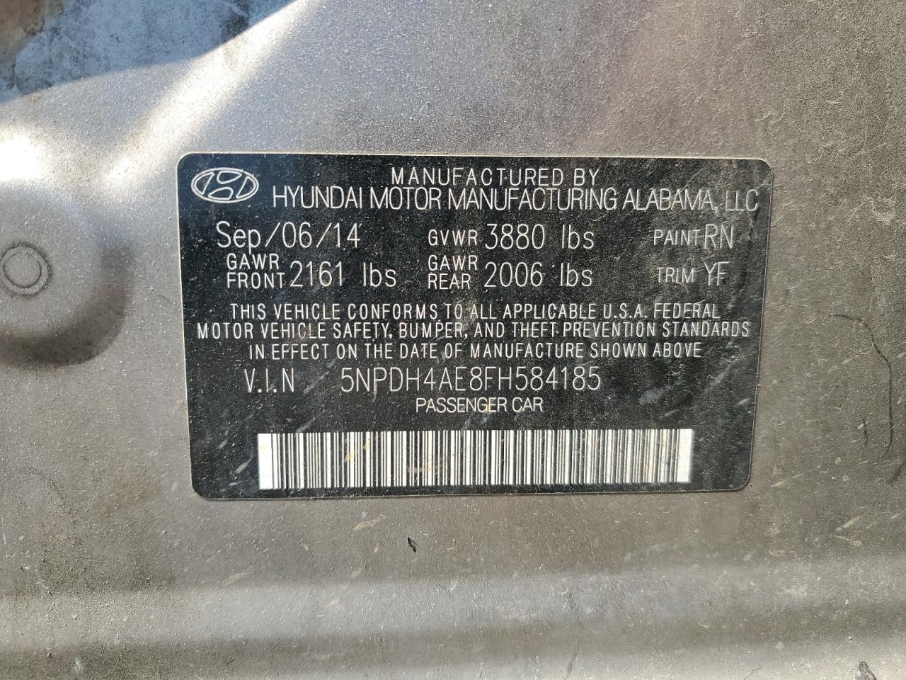 2015 Hyundai Elantra VIN 5NPDH4AE8FH584185 Copart auction photo, all over damage thumbnail 14