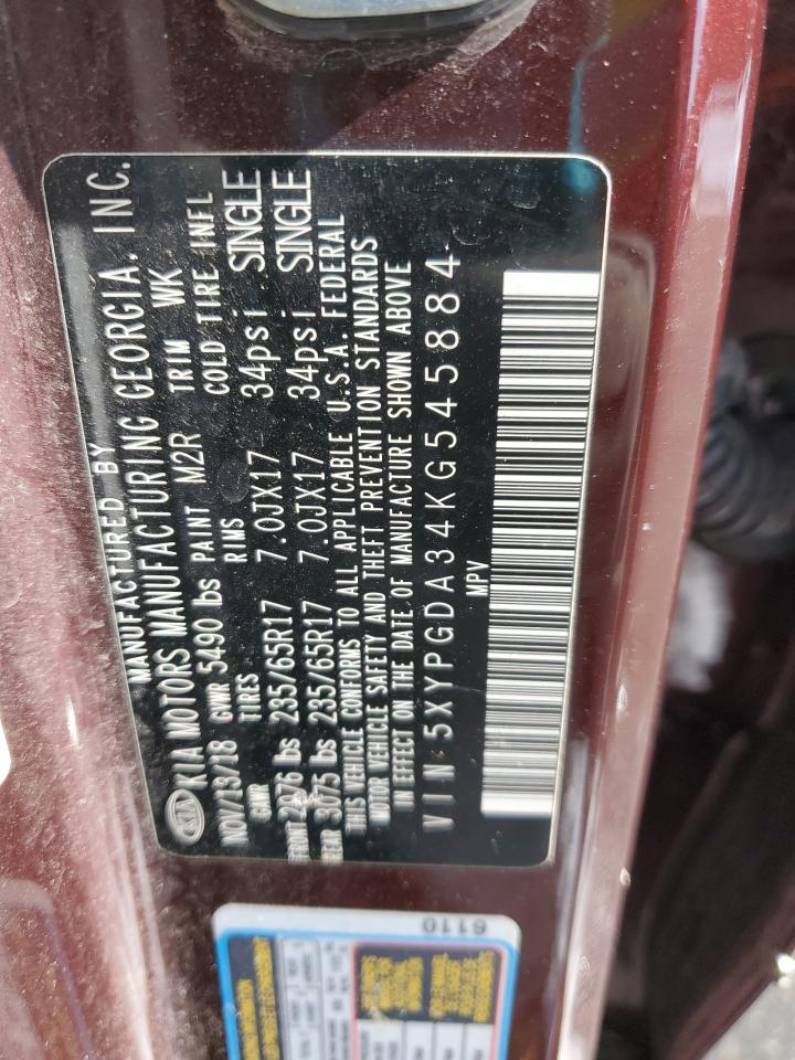 2019 KIA Sorento VIN 5XYPGDA34KG545884 Copart auction photo, front end / minor dent/scratches damage thumbnail 13