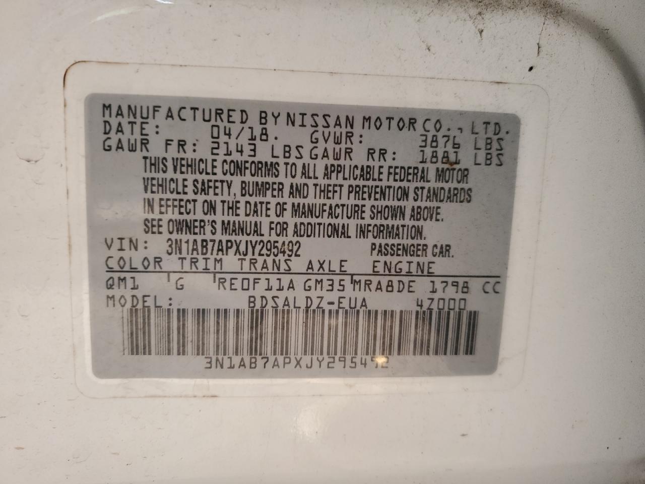 2018 Nissan Sentra VIN 3N1AB7APXJY295492 Copart auction photo, side / minor dent/scratches damage thumbnail 12