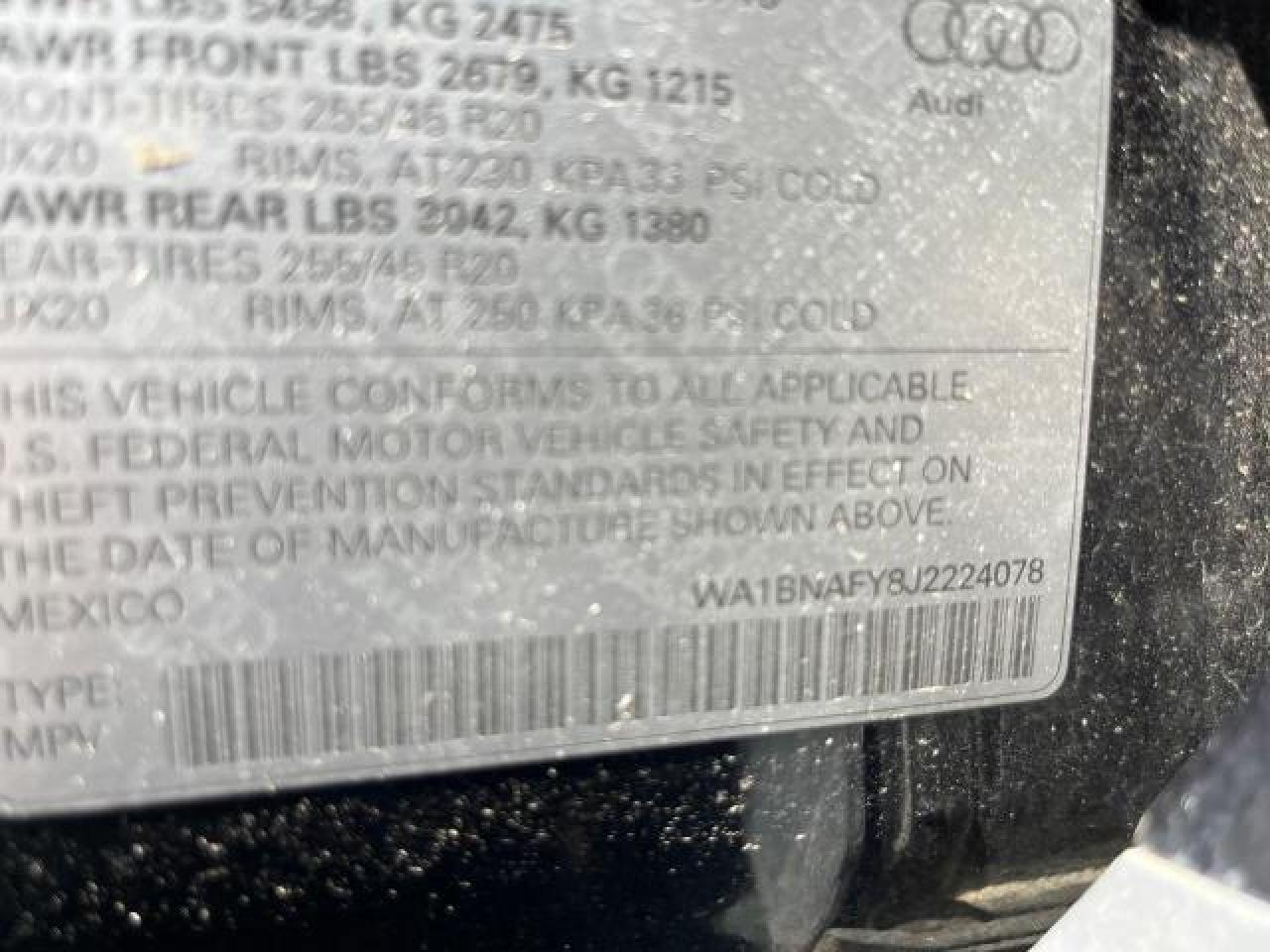 2018 Audi Q5 VIN WA1BNAFY8J2224078 Copart auction photo, damage history / normal wear damage thumbnail 10