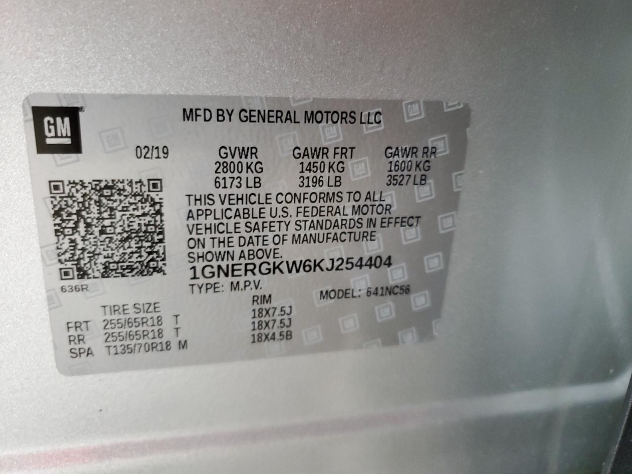 2019 Chevrolet Traverse VIN 1GNERGKW6KJ254404 Copart auction photo, rear end damage thumbnail 14