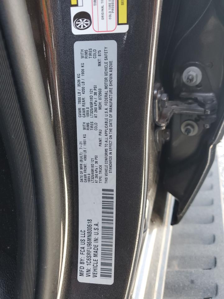 2021 RAM 1500 VIN 1C6SRFU96MN800618 Copart auction photo, top/roof / water/flood damage thumbnail 12