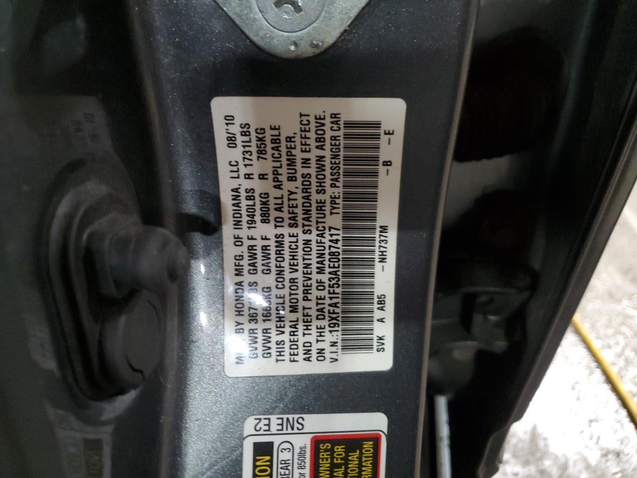 2010 Honda Civic VIN 19XFA1F53AE087417 Copart auction photo, front end damage thumbnail 12