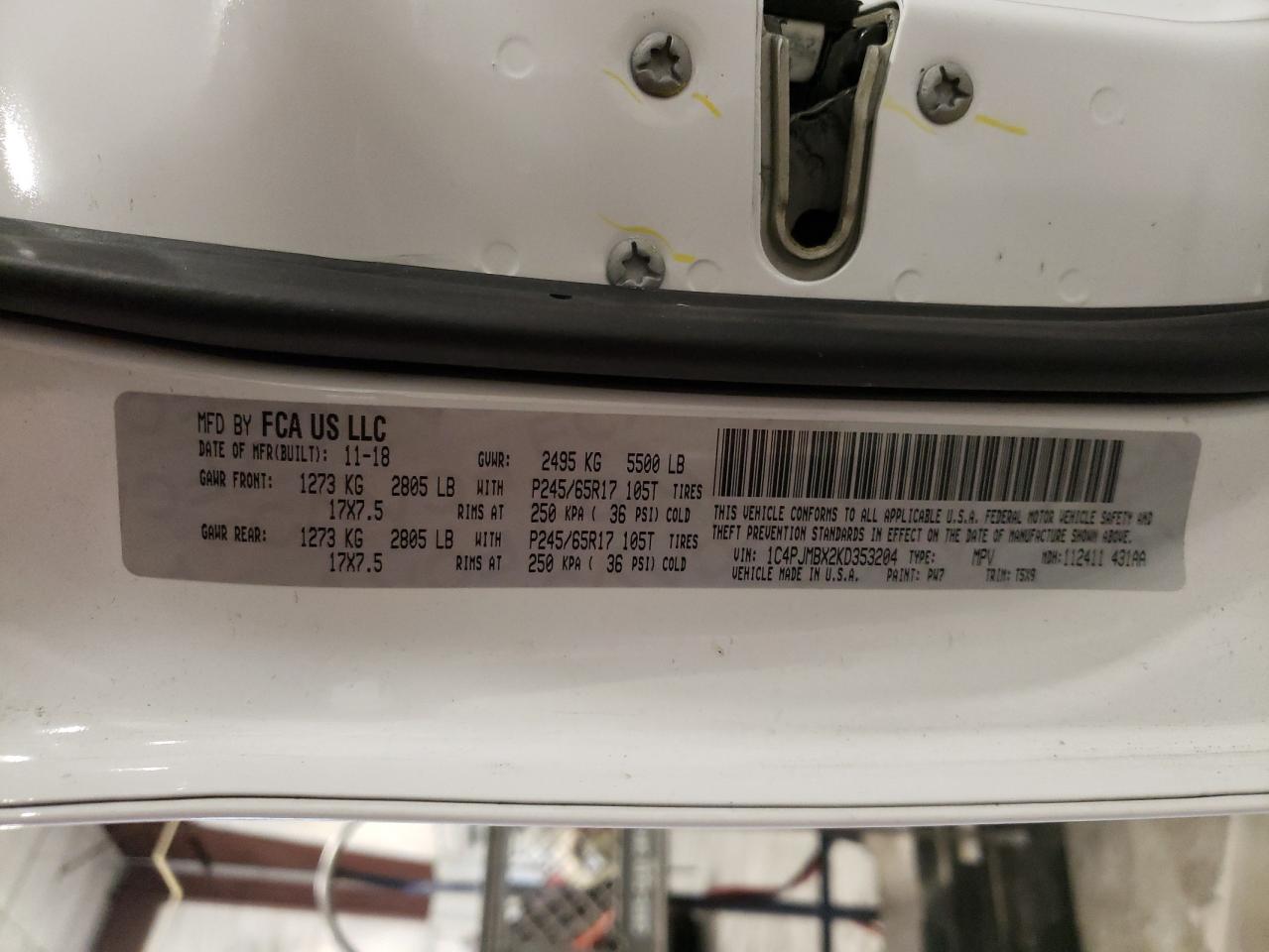2019 Jeep Cherokee VIN 1C4PJMBX2KD353204 Copart auction photo, front end / side damage thumbnail 13