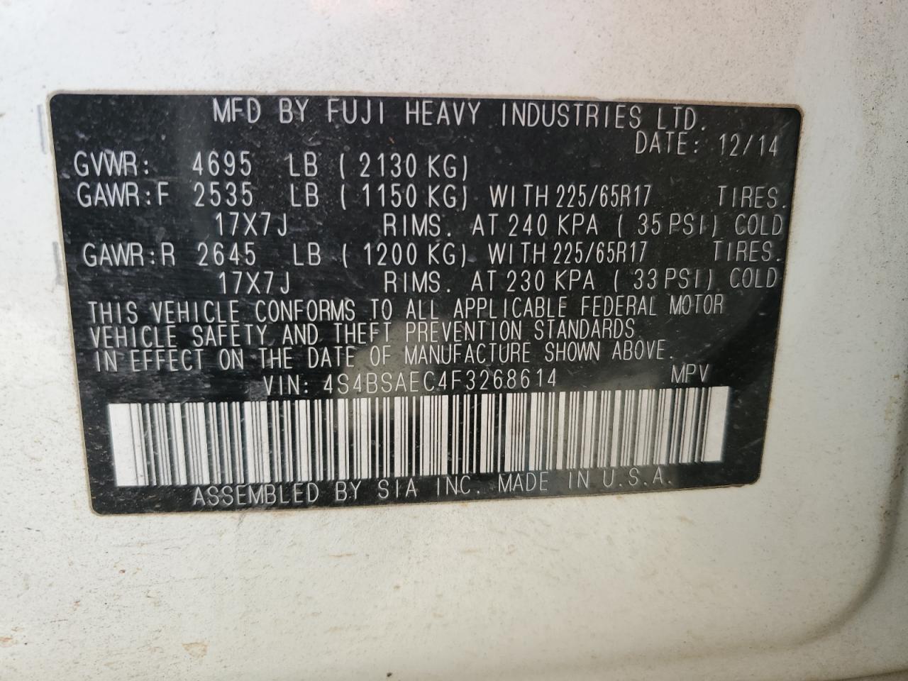 2015 Subaru Outback VIN 4S4BSAEC4F3268614 Copart auction photo, front end damage thumbnail 12