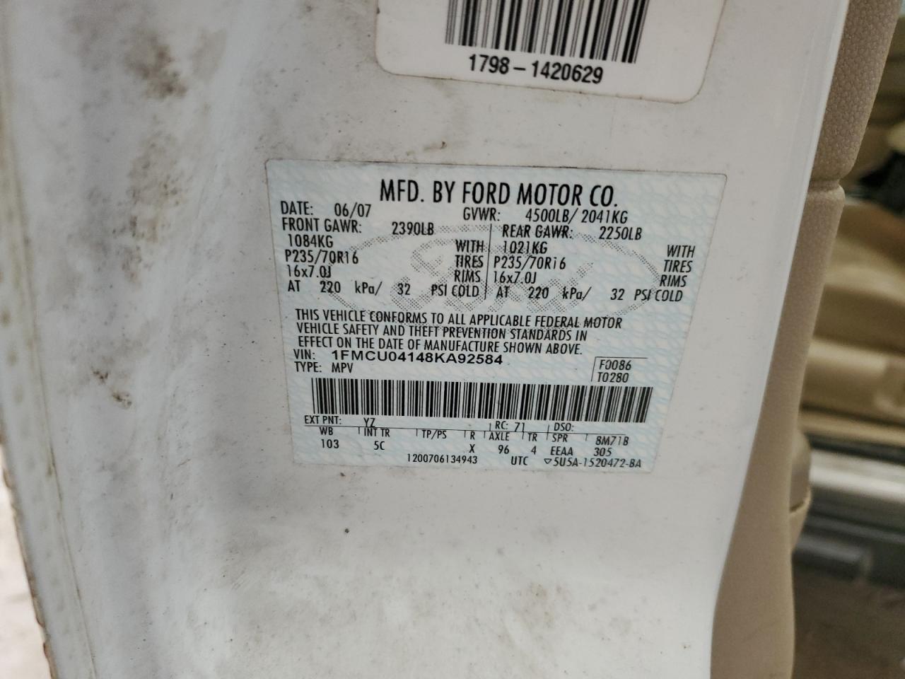 2008 Ford Escape VIN 1FMCU04148KA92584 Copart auction photo, front end damage thumbnail 15