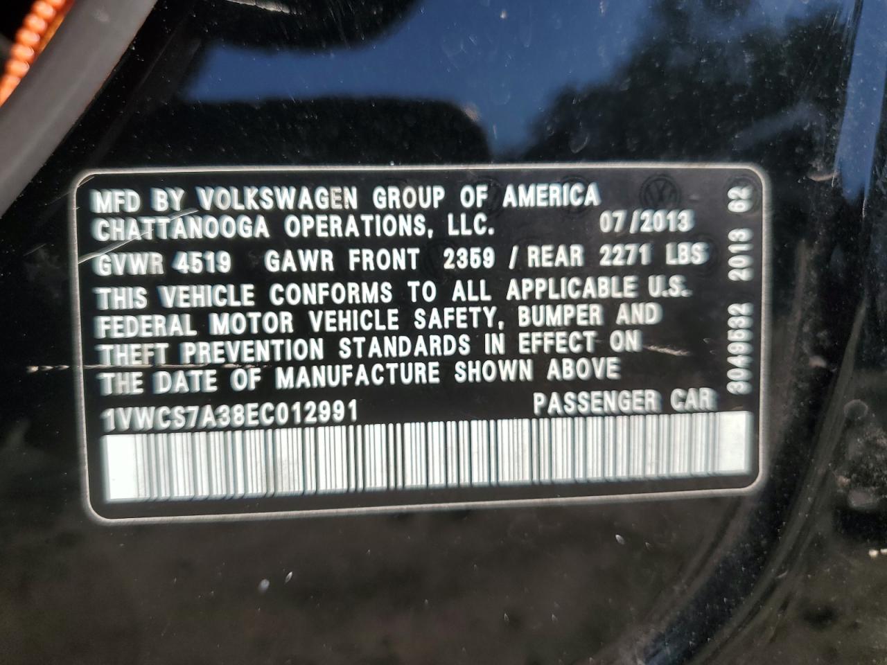 2014 Volkswagen Passat VIN 1VWCS7A38EC012991 Copart auction photo, minor dent/scratches damage thumbnail 12