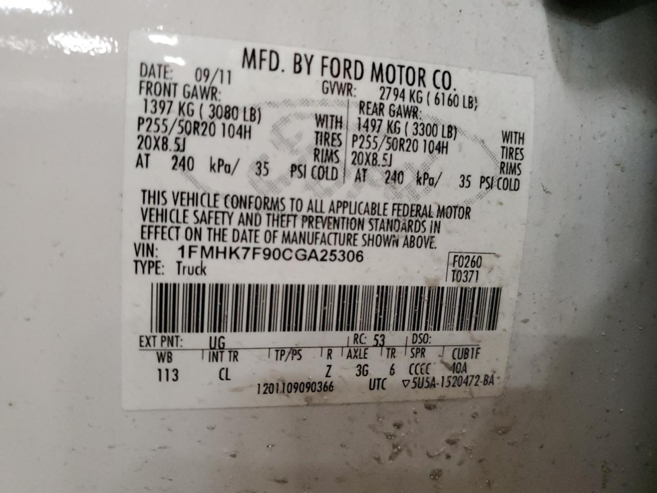 2012 Ford Explorer VIN 1FMHK7F90CGA25306 Copart auction photo, front end / minor dent/scratches damage thumbnail 13