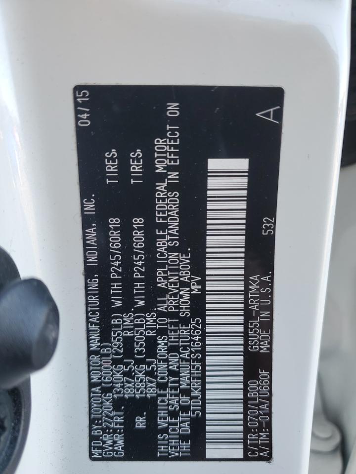 2015 Toyota Highlander VIN 5TDJKRFH5FS164625 Copart auction photo, rejected repair damage thumbnail 13