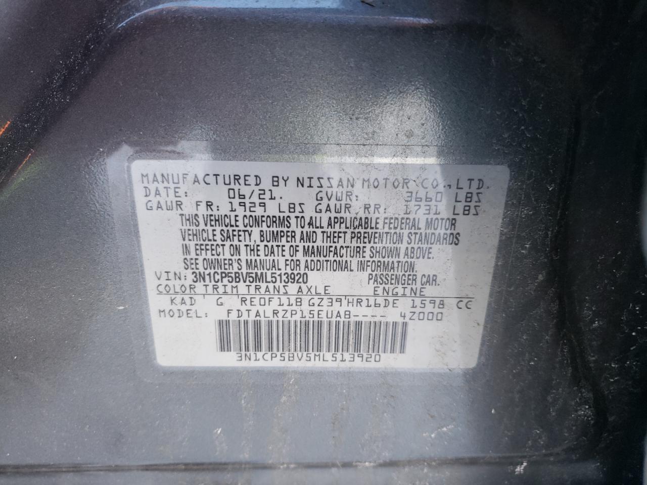 2021 Nissan Kicks VIN 3N1CP5BV5ML513920 Copart auction photo, front end / rear end damage thumbnail 14