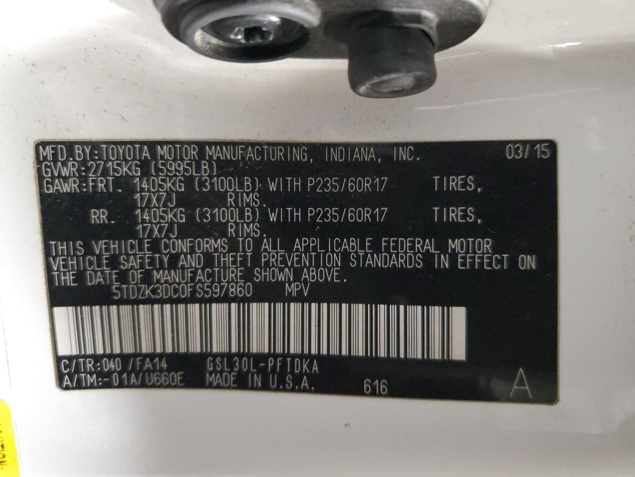 2015 Toyota Sienna VIN 5TDZK3DC0FS597860 Copart auction photo, front end / minor dent/scratches damage thumbnail 14