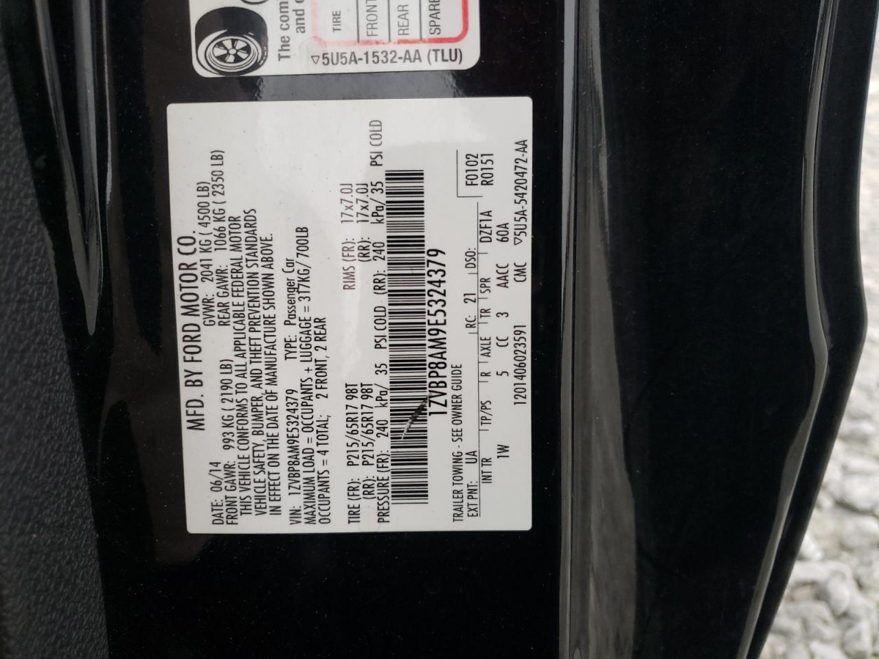 2014 Ford Mustang VIN 1ZVBP8AM9E5324379 Copart auction photo, front end / rear end damage thumbnail 12