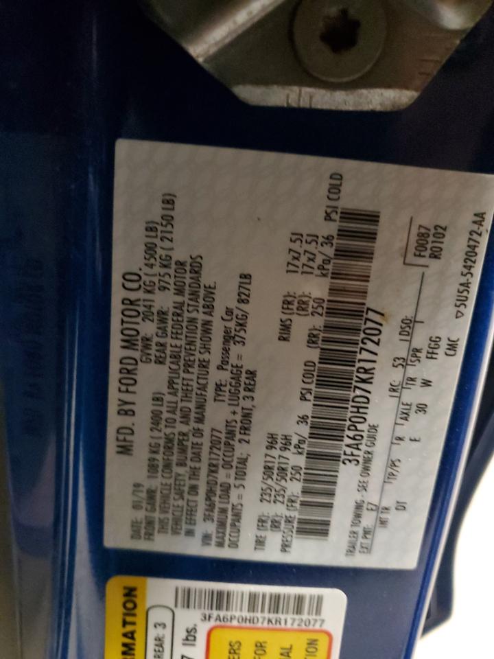 2019 Ford Fusion VIN 3FA6P0HD7KR172077 Copart auction photo, front end / minor dent/scratches damage thumbnail 12