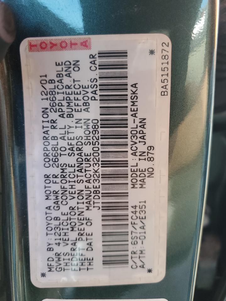 2002 Toyota Camry VIN JTDBE32K320052980 Copart auction photo, front end / all over damage thumbnail 12