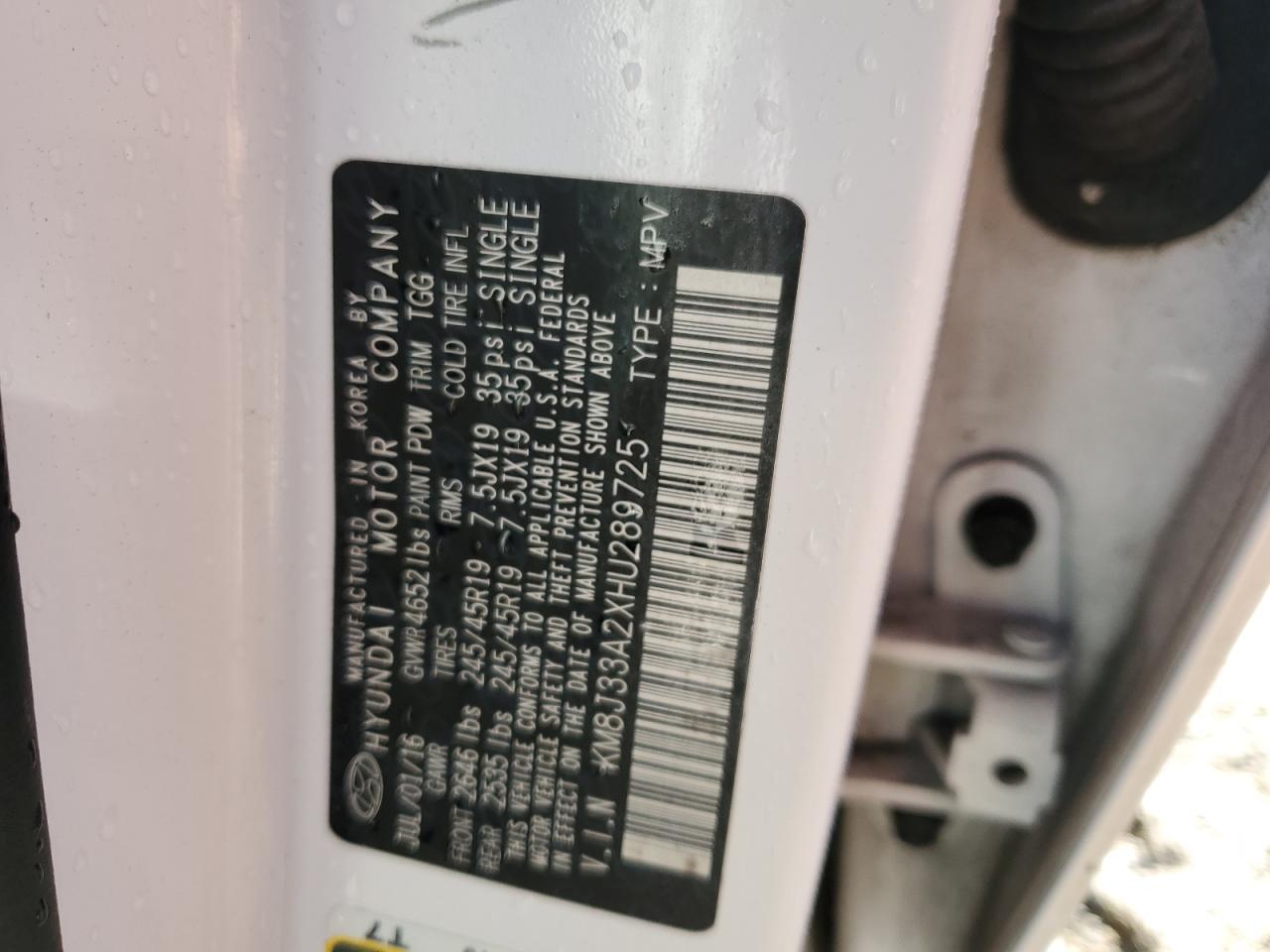 2017 Hyundai Tucson VIN KM8J33A2XHU289725 Copart auction photo, front end / undercarriage damage thumbnail 13