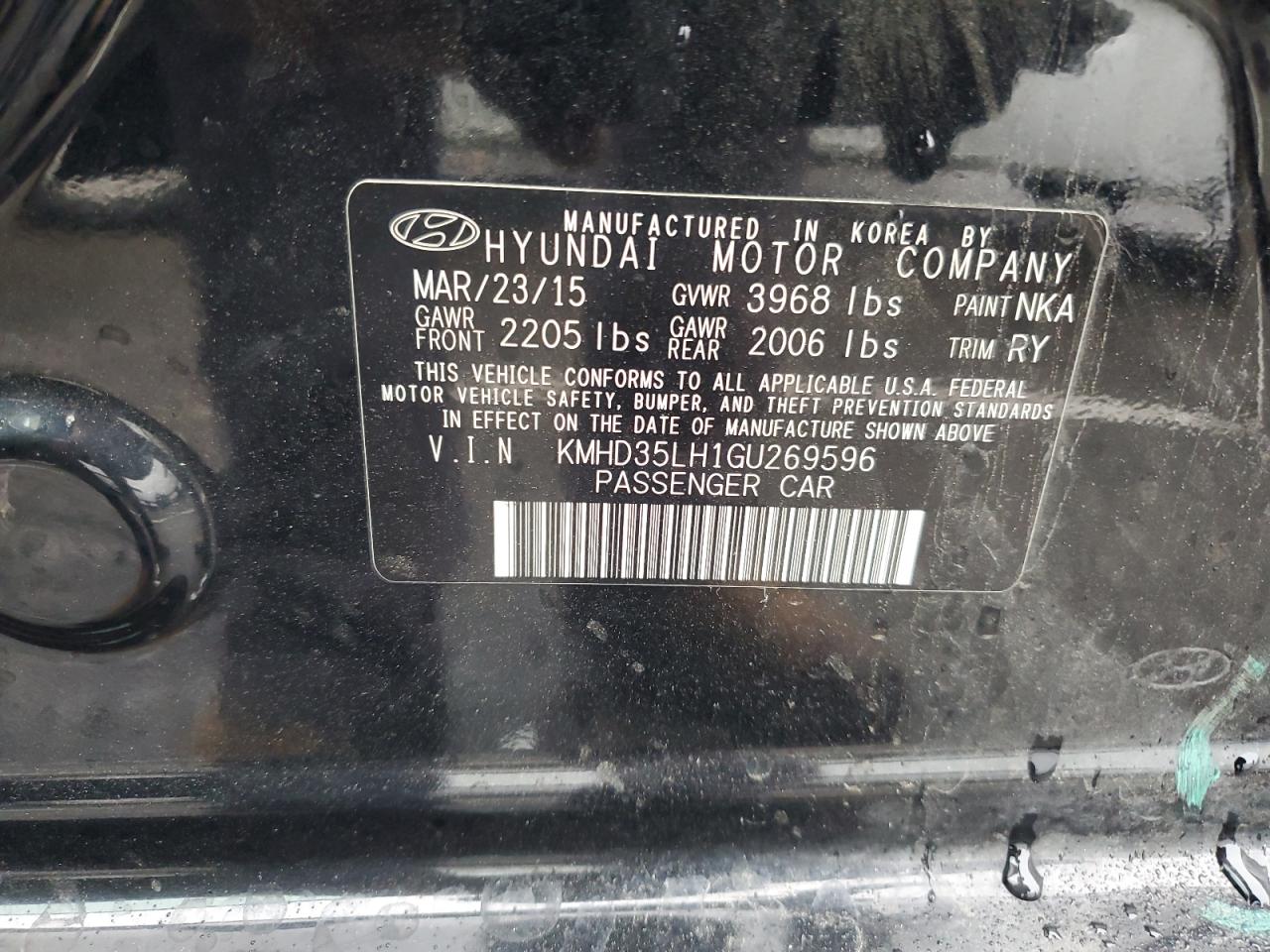2016 Hyundai Elantra VIN KMHD35LH1GU269596 Copart auction photo, side / rear end damage thumbnail 13