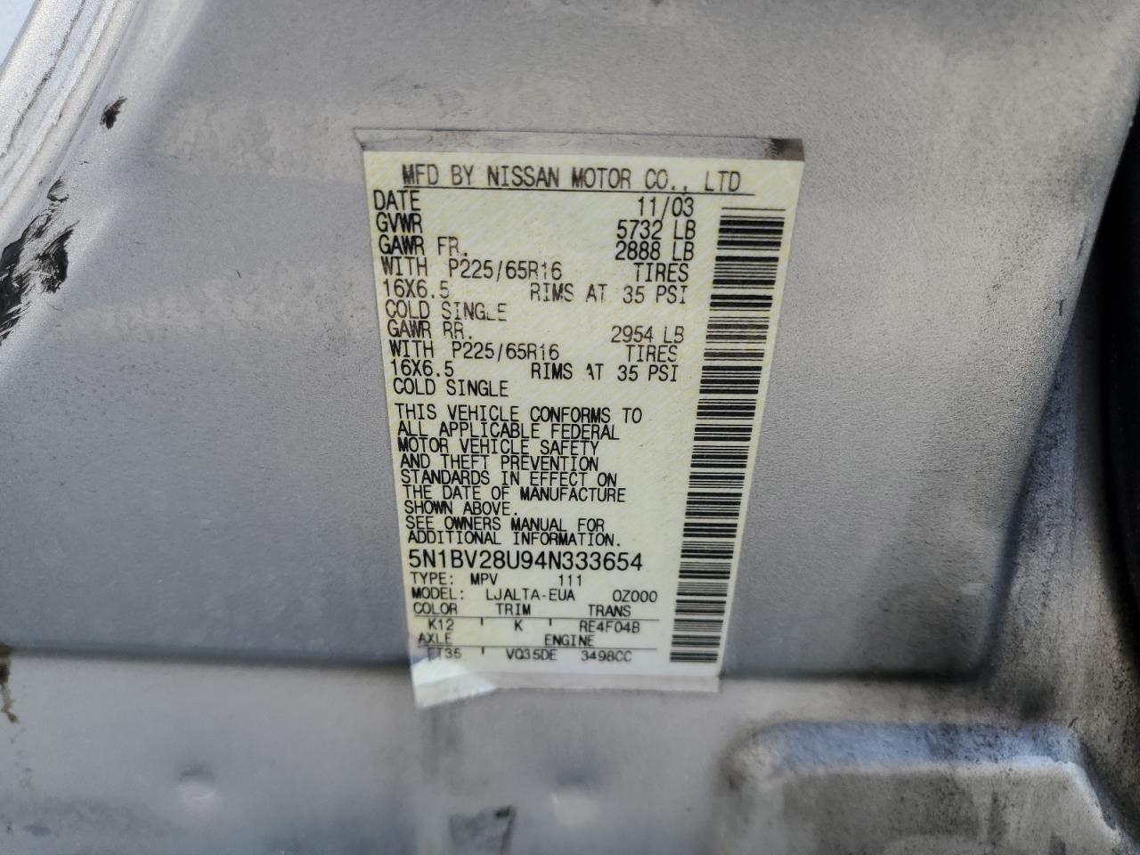 2004 Nissan Quest VIN 5N1BV28U94N333654 Copart auction photo, rear end damage thumbnail 15