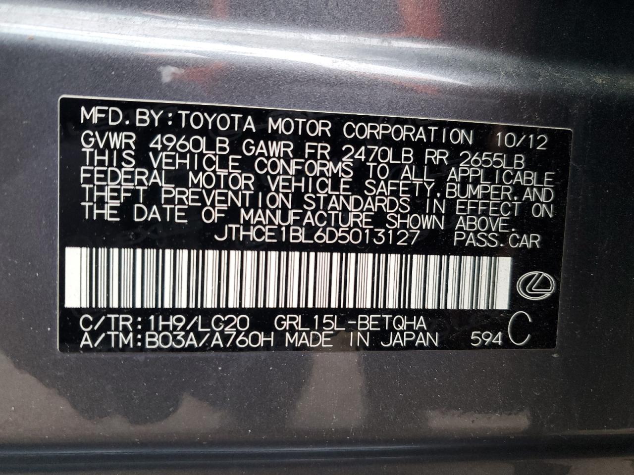 2013 Lexus GS VIN JTHCE1BL6D5013127 Copart auction photo, front end / mechanical damage thumbnail 14