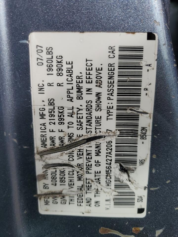 2007 Honda Accord VIN 1HGCM56427A206807 Copart auction photo, side / front end damage thumbnail 12