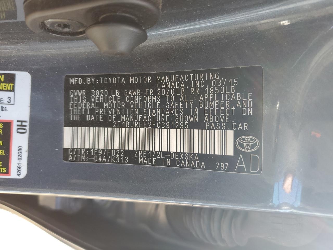 2015 Toyota Corolla VIN 2T1BURHE2FC391295 Copart auction photo, front end / side damage thumbnail 14