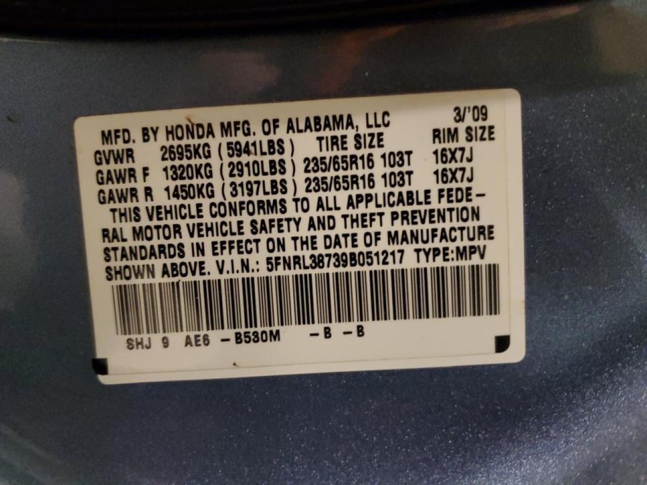 2009 Honda Odyssey VIN 5FNRL38739B051217 Copart auction photo, front end / mechanical damage thumbnail 13