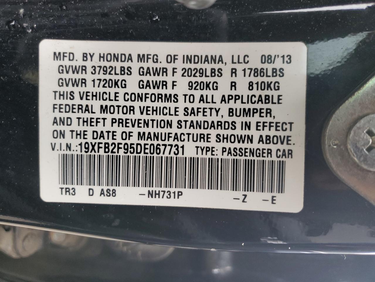 2013 Honda Civic VIN 19XFB2F95DE067731 Copart auction photo, rear end / minor dent/scratches damage thumbnail 14
