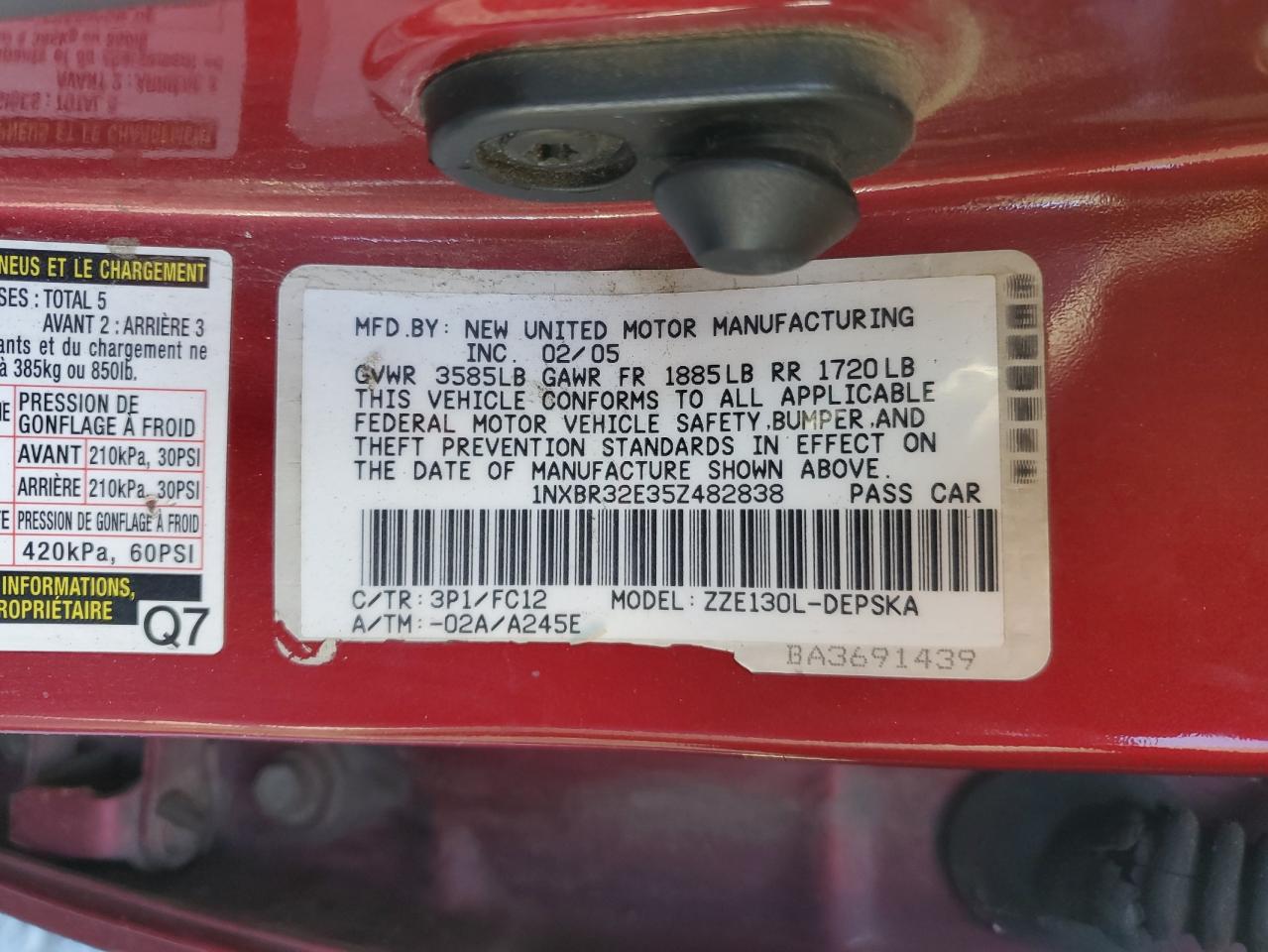2005 Toyota Corolla VIN 1NXBR32E35Z482838 Copart auction photo, rear end / front end damage thumbnail 13