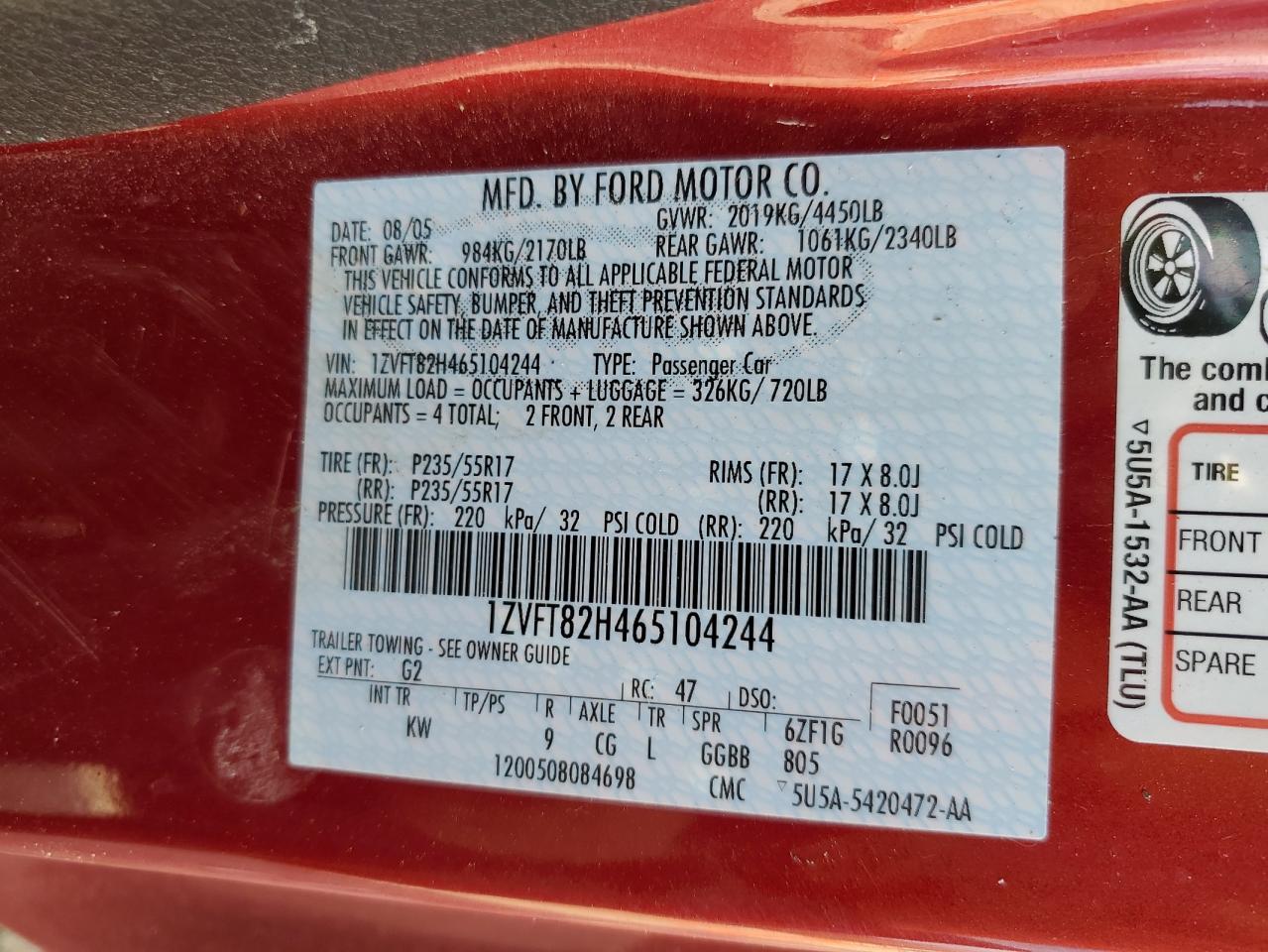 2006 Ford Mustang VIN 1ZVFT82H465104244 Copart auction photo, front end / side damage thumbnail 12